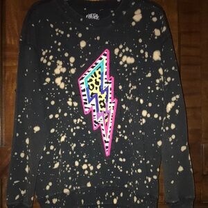 Black Spattered Bleached Sweatshirt with Lightning Bolt Patch
